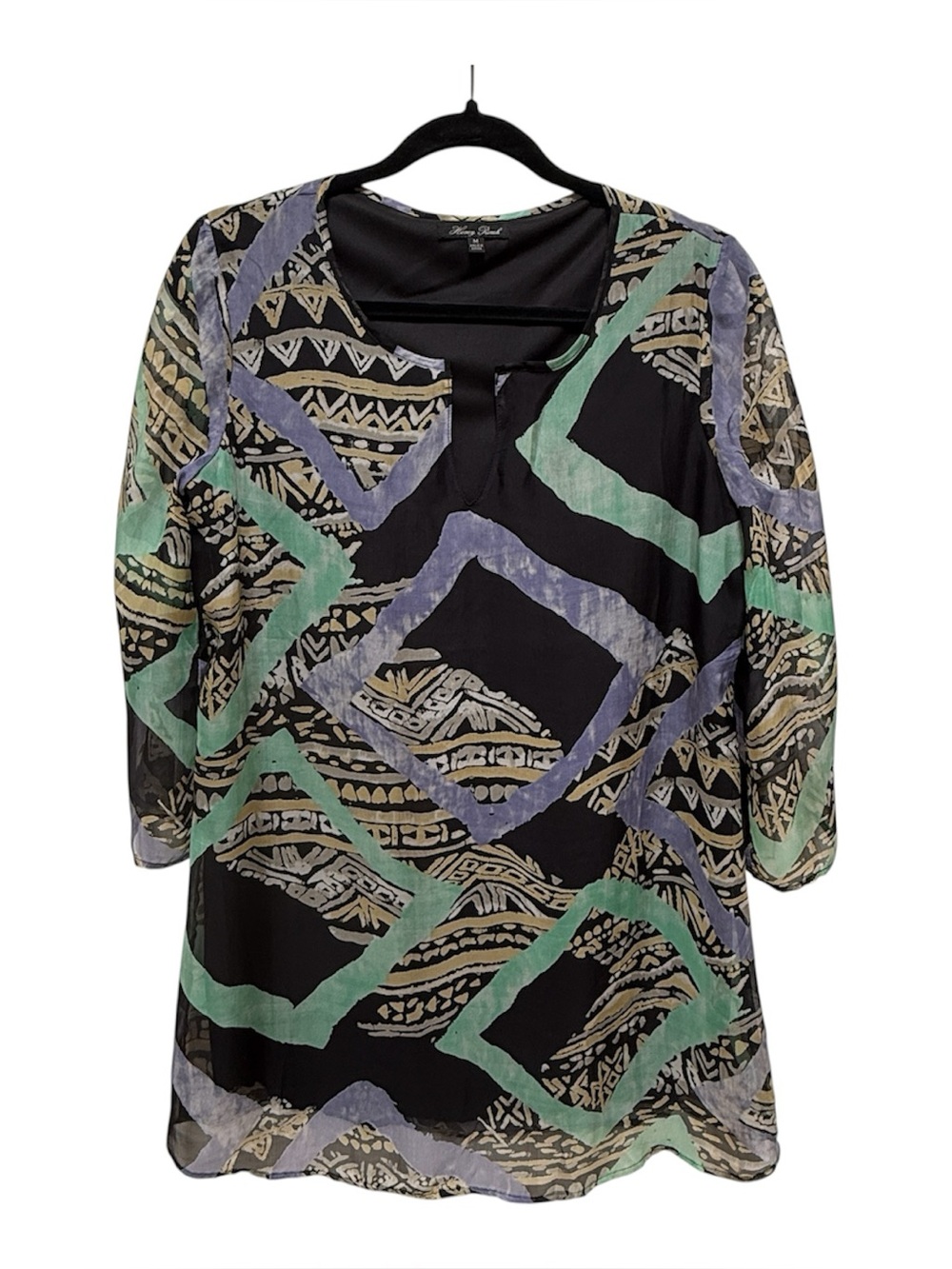 Sheer Black Tunic Top with Green & Lavender Geometric print-NWOT